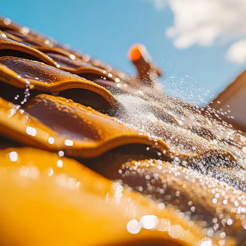 Technicien appliquant un produit hydrofuge après nettoyage du toit