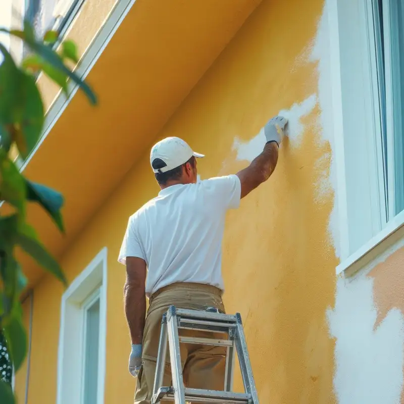 Ouvrier appliquant une peinture de ravalement sur une façade
