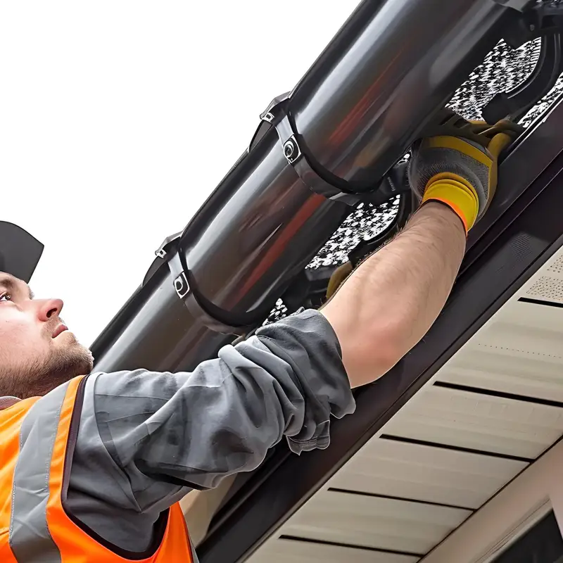 Détail d'une descente de gouttière en aluminium nouvellement installée